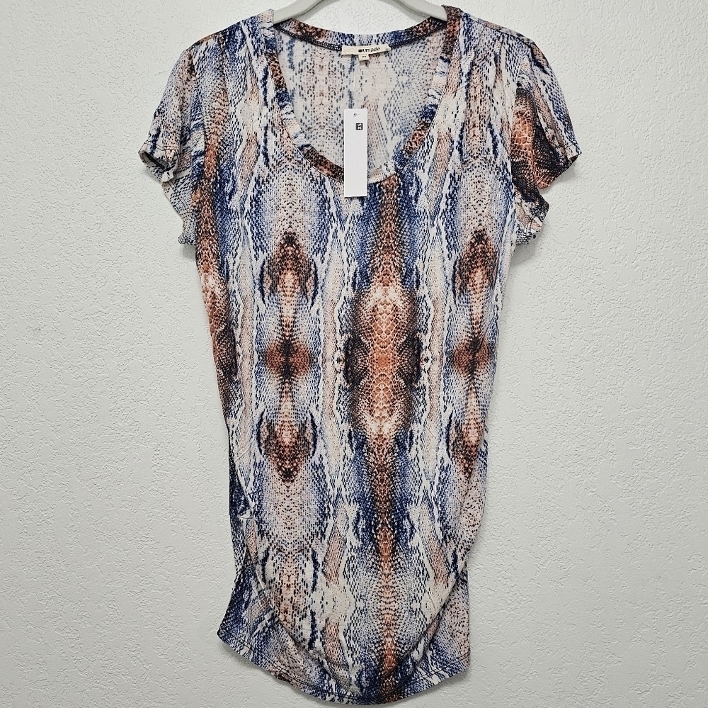 NWT LAmade Short Sleeve Tee Shirt Snake Print Side & Shoulder Ruched Detail XS